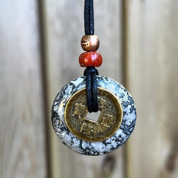 Artisan Jewelry - Black Crazy Lace Agate and Lucky Coin Pendant | Handmade
